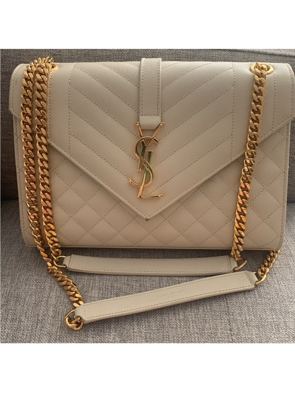 Authentic Saint Laurent Cream Quilted Leather Shoulder Bag with Gold Hardware